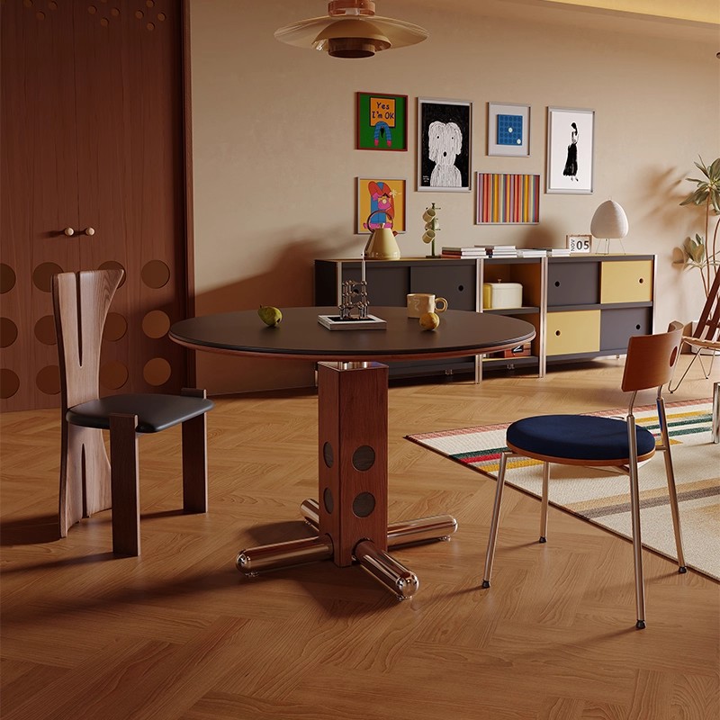 Polka Round Table Bauhaus Solid Wood Middle Style Dining Table Small Apartment Stainless Steel Dining Table Balcony Round Coffee Table