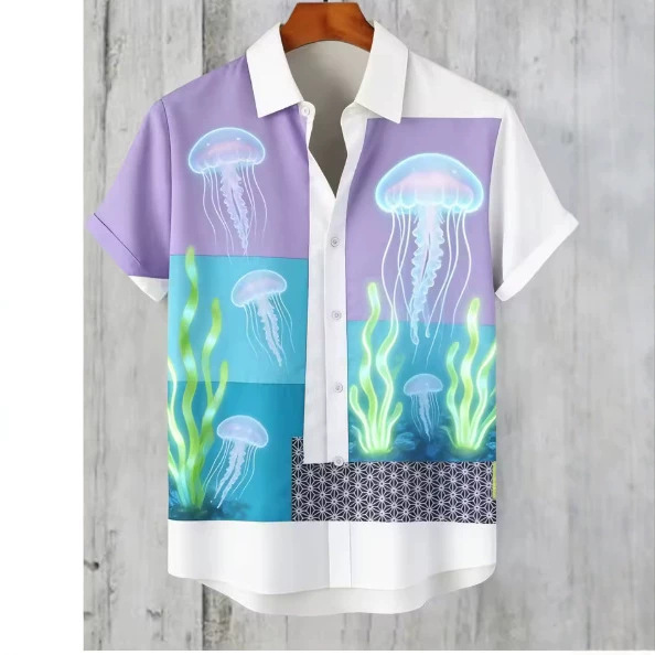 Men's New Arrival Short Sleeve Linen Shirt with Fun Ocean Pattern 3D Printed Shirt for Men Outdoor Casual Fishing