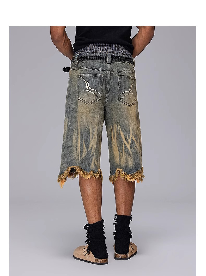 Men's Washed Denim Shorts Trendy Brand Loose Fit Cropped Style Distressed Finish Yellow Mud Dye Summer Casual Clothing_mkmklike.com