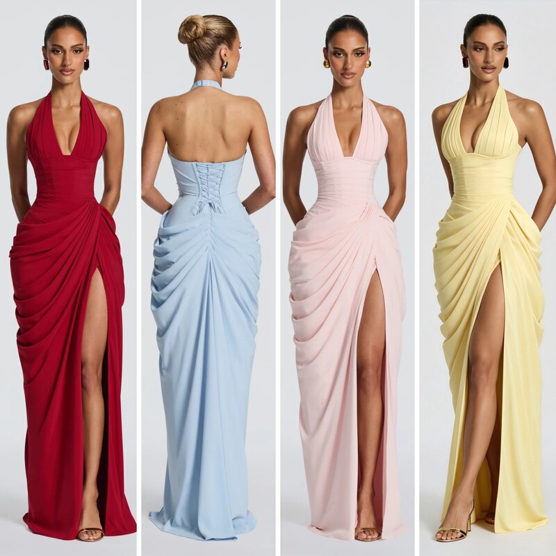 European and American cross-border halter neck deep V evening dress for women, pleated, waist-cinching, slit, long style, elegant party dress European and American cross-border halter neck deep V evening dress for women, pleated, waist-cinching, slit, long style, elegant party dress