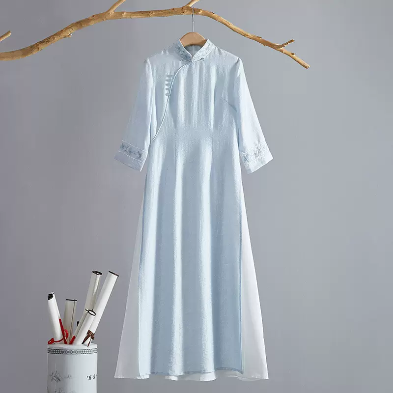 婵茶赋2023新款高端中式改良旗袍裙天丝提花立领茶服裙仙气连衣裙