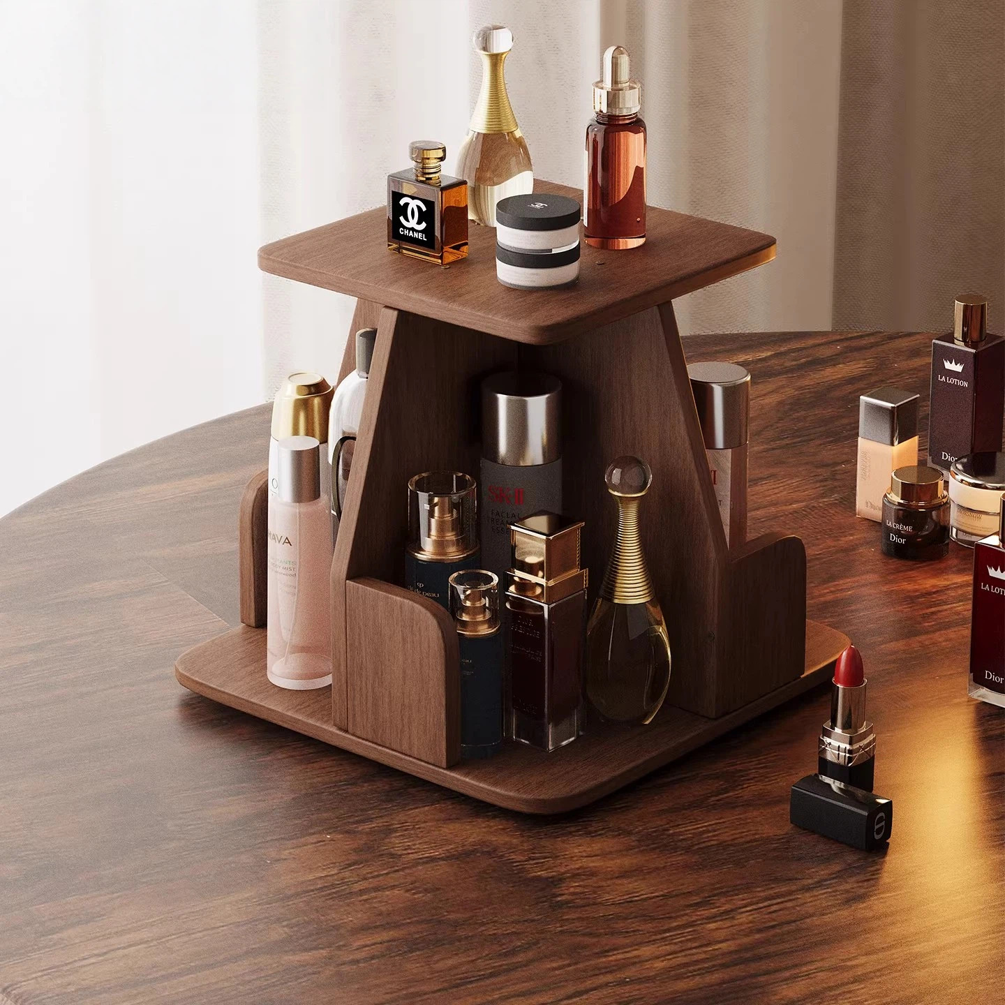 Estante de cosméticos de alta sensación de tocador estante de productos para el cuidado de la piel estante de escritorio lápiz labial perfumes exhibición estante de exhibición giratorio