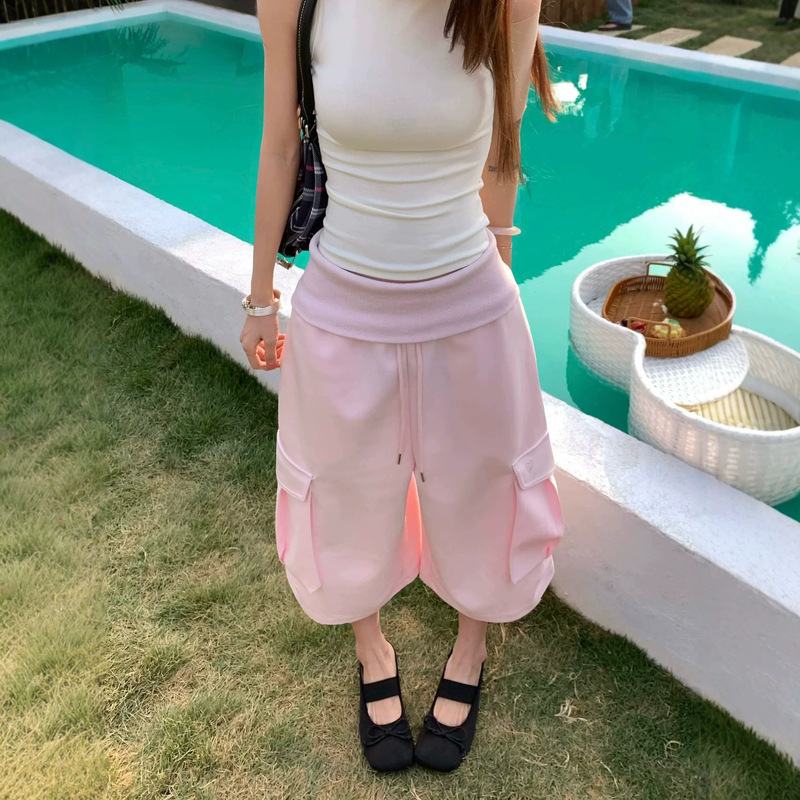 2026 New American Retro Hot Girl Style Large Pocket Casual Pants Sports Cropped Sweatpants Loose Mid-Length Pants with Drape Effect for Women