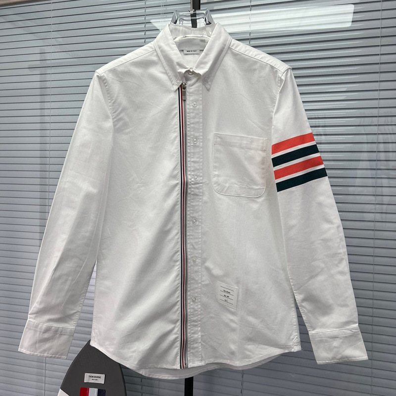 Tb Shirt Men's Casual Trendy Red, White, and Blue Zippered Oxford Four-Stripe Long-Sleeve Shirt Jacket