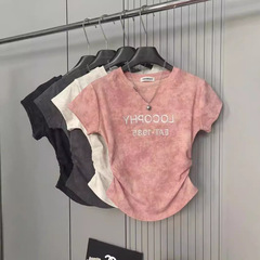 ピンク染め正肩半袖tシャツ女性夏ガードル高級感修身ショートアルファベット上着ins