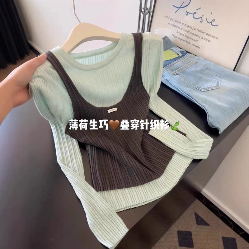 Contrast Color Fake Two-Piece Long-Sleeved Knitwear for Women 2025 Early Autumn New Korean Style Atmosphere Wear Slim Inner Top