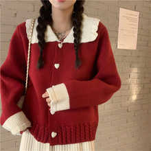 新年款紅色毛衣外套女春季新款2022娃娃領短款甜美針織開衫上衣