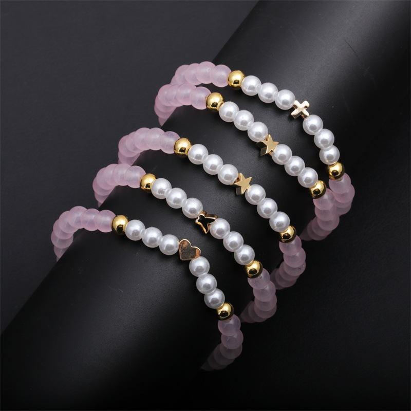 Europa y América transfronteriza 6mm rosa cristal pulsera de cuentas de cobre Cruz amor imitación perla pulsera de cuentas