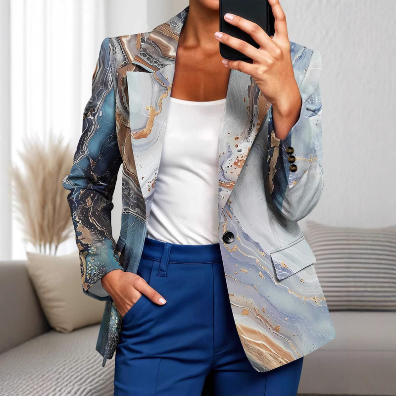 Women's Marble Lapel Button Suit Pocket Gradient 2025 New Casual Fashion Comfortable Sports