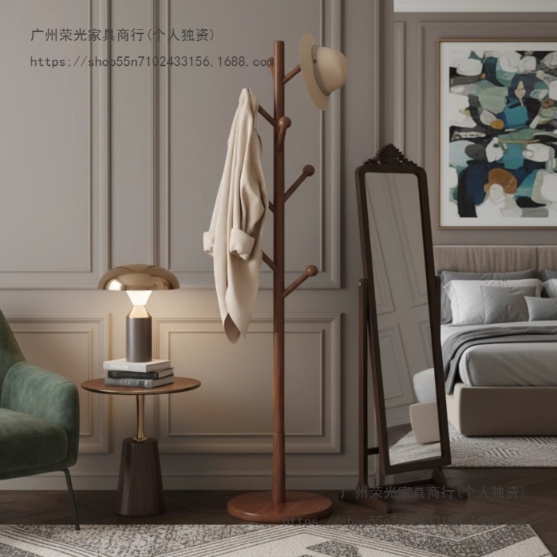 Solid Wood Clothes Hanger Floor-Standing Coat Rack Bedroom Space-Saving Vertical Bag Rack Small Bedside Clothes Storage