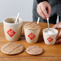 Special lucky character small sauce pot ceramic condiment jar kitchen household commercial Chinese lucky pot seasoning salt MSG flavoring jar