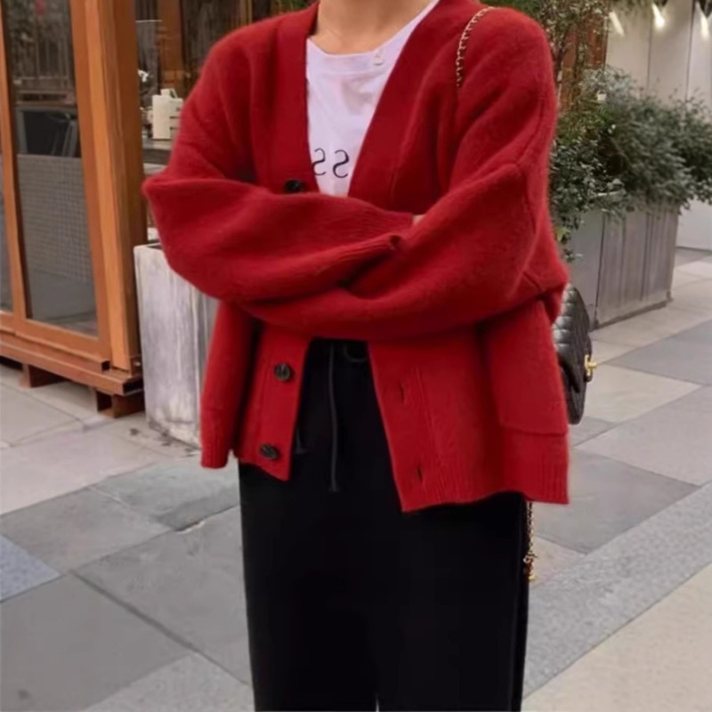 100羊毛开衫女中长款秋冬老钱风v领宽松针织衫加厚羊绒毛衣外套|undefined