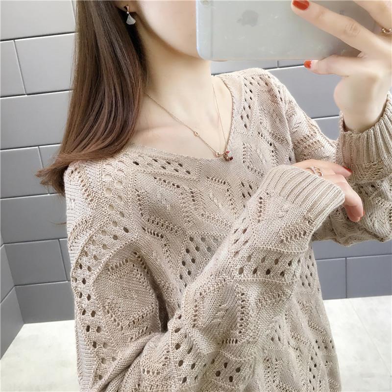 Hollow-Out Long-Sleeve Knit Sweater for Women 2026 Spring and Autumn New Pullover V-Neck Top Loose Outerwear Sweater Thin Base Layer