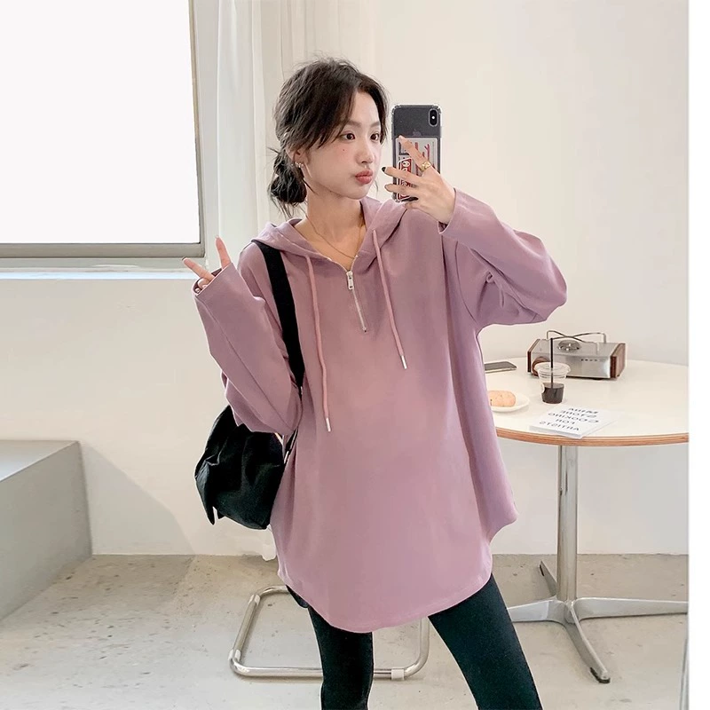 Одежда для беременных Весенняя и осенняя молния с капюшоном с длинными рукавами футболка свободная средняя длинная фиолетовая куртка платье свитер