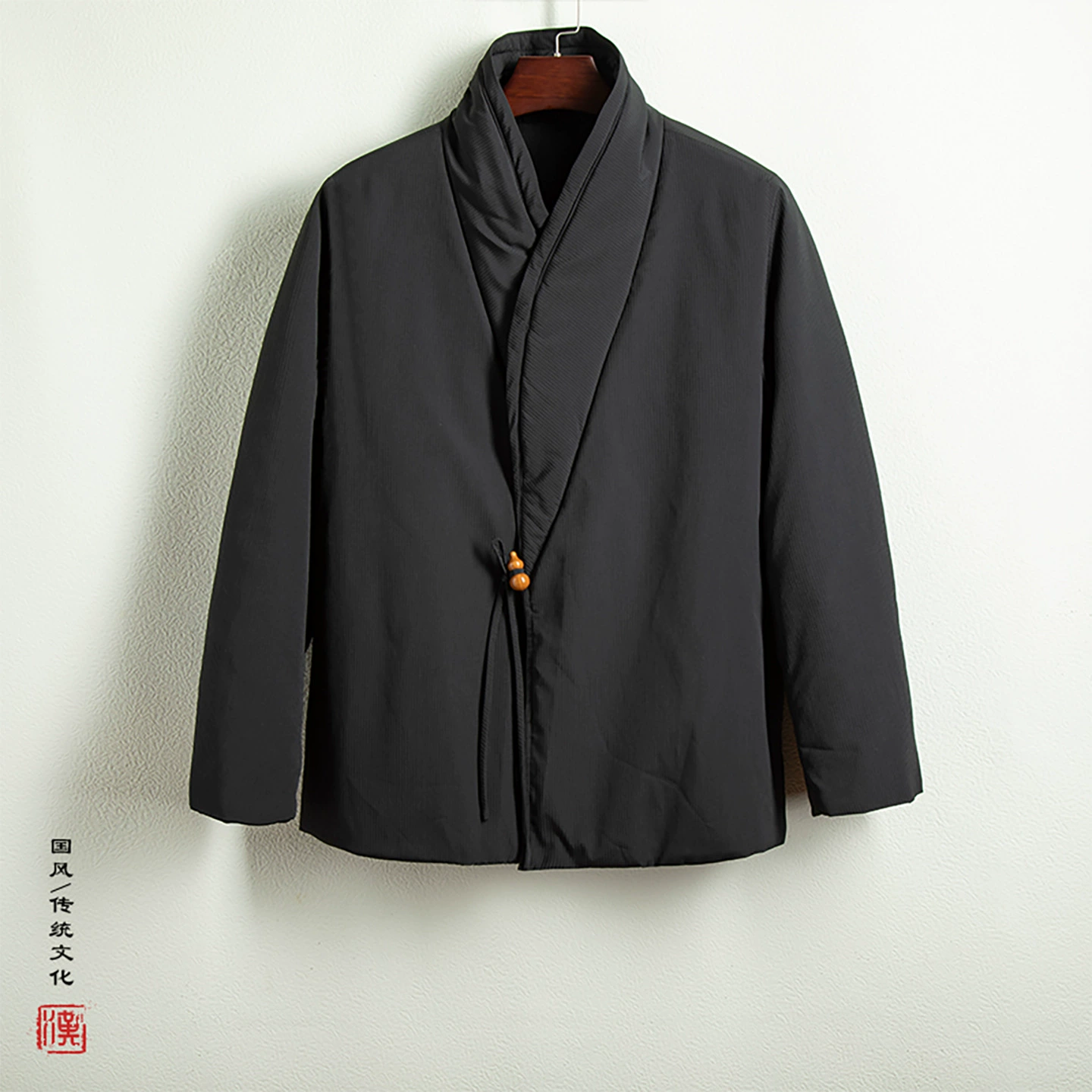Мужской пуховик в стиле ханьфу, демисезонный ретро, чёрный — лёгкий 0,6 кг