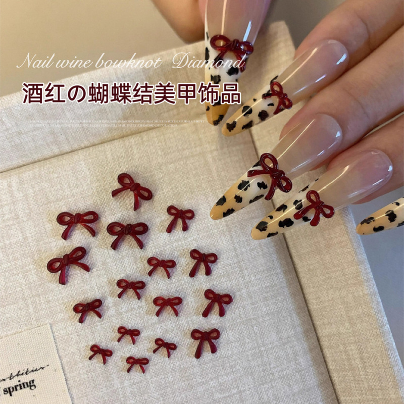 Explosive French Style wine red Bow Nail Art Jewelry Cherry Red Mini Bow Resin Nail Accessories