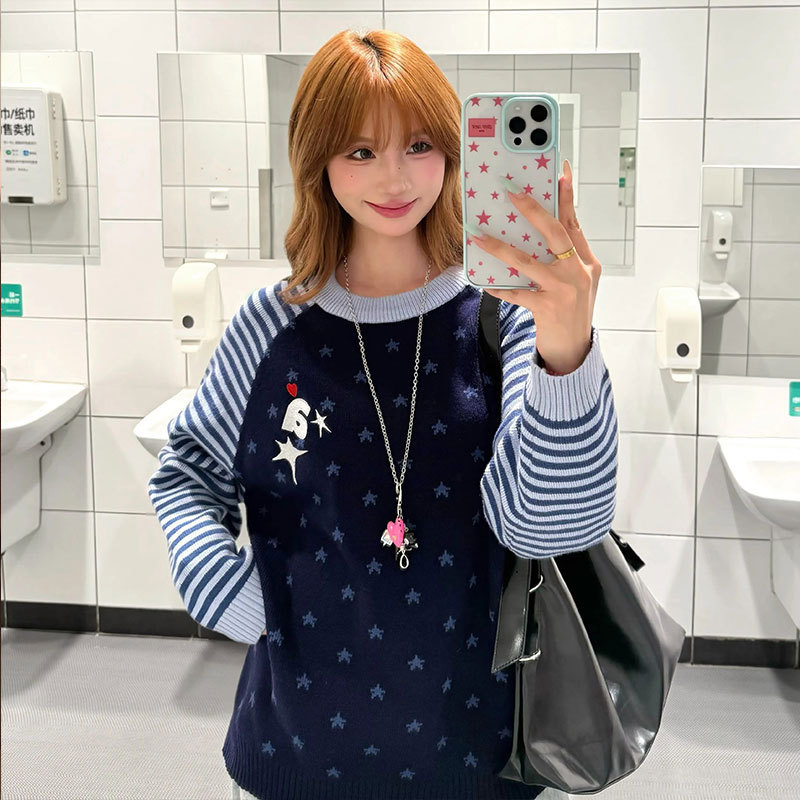 Retro Star Pattern Striped Pullover Sweater for Women, New Loose Casual Style for Autumn and Winter, Color-Block Knit Top Retro Star Pattern Striped Pullover Sweater for Women, New Loose Casual Style for Autumn and Winter, Color-Block Knit Top