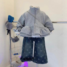女童加绒外套冬25双层花边下摆拉链衫女宝miu系休闲花苞开衫卫衣