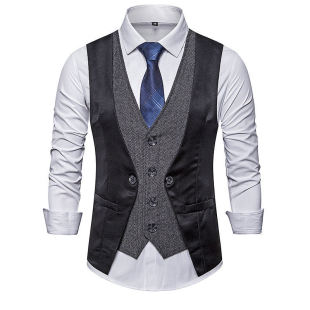 2024 spring and summer new cross-border European and American retro stitching fake two-piece single-breasted casual men's suit vest