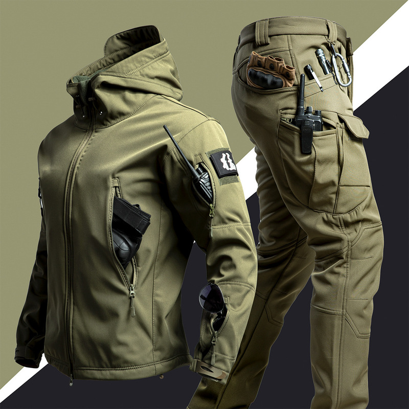 American Functional Winter Outdoor Tactical Charge Clothes Fishing Camouflage Clothing suit Men's Windproof Waterproof Jacket fleece-lined