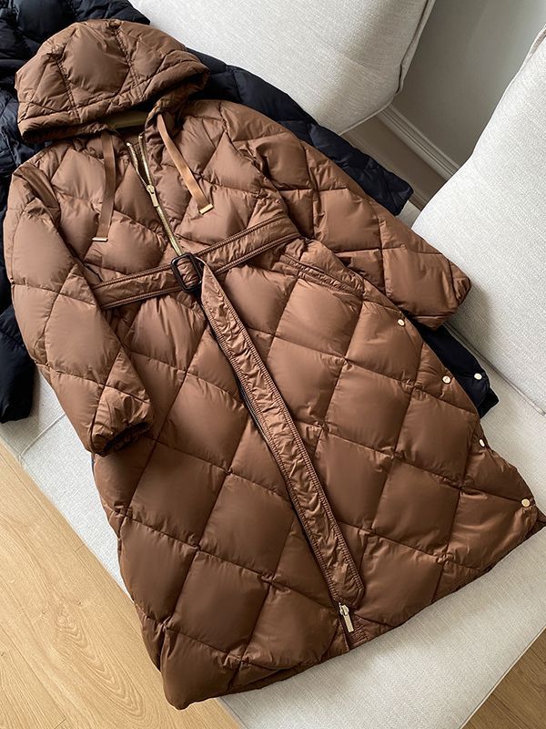 Women's Clothing Down jacket mid length hooded diamond belt high 90 white duck down loose Down Coat_voghion.com