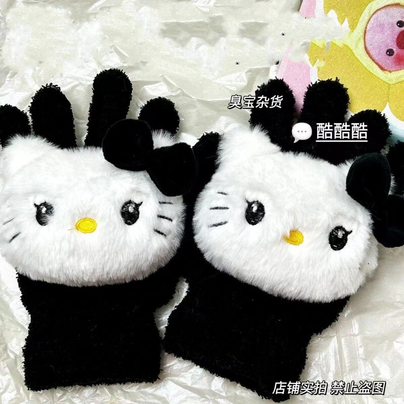Coral Fleece Black Cat gloves cartoon cute winter outdoor riding warm anti-freezing gloves student couple