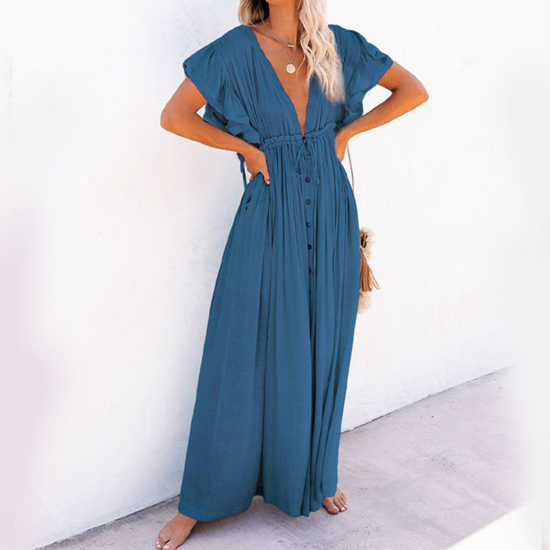 Solid Colour Long Beach Cover-up Dress Sun Protection Shirt_voghion.com