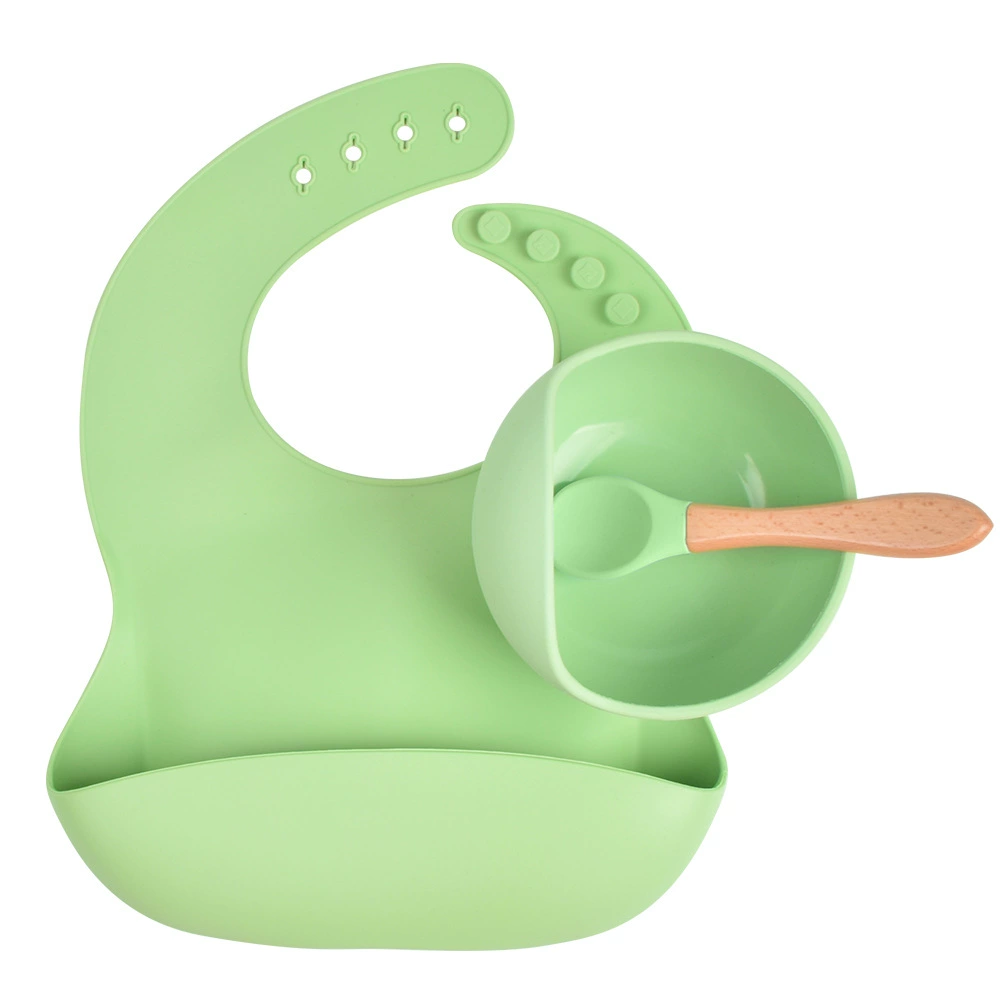 Silicone children's tableware set — bib, bowl and spoon with suction base, multi-color