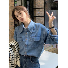 复古翻领牛仔外套女春季2025新款薄款宽松中长款外穿盐系长袖上衣