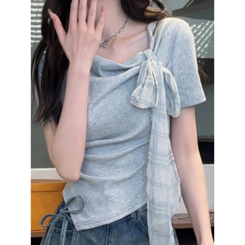 卸売【オリジナル生地】ブルー右肩Tシャツ半袖レディース夏不規則フレンチショートスタイルお腹カバー痩身|undefined