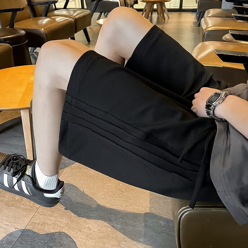 Summer Heavyweight Casual Loose Shorts for Men, Hong Kong Style Trendy Basketball Sports Five-Point Striped Design Straight-Leg Pants Summer Heavyweight Casual Loose Shorts for Men, Hong Kong Style Trendy Basketball Sports Five-Point Striped Design Straight-Leg Pants