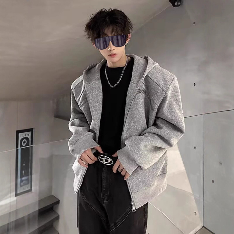 Metal Zipper Deconstructed Shoulder Pad Sweatshirt Jacket Men's Spring & Fall American High Street Fashion Brand High-End Short Heavy Jacket