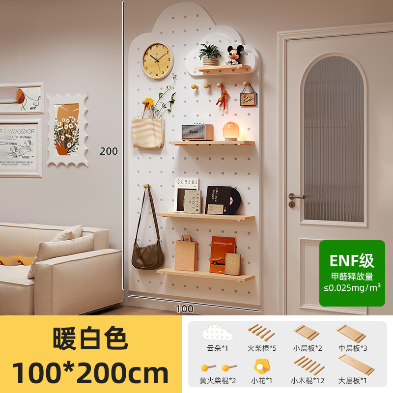 Estante de tablero de agujero de madera maciza, puerta de entrada, percha de pared moldeada, estante de exhibición de pared integrado