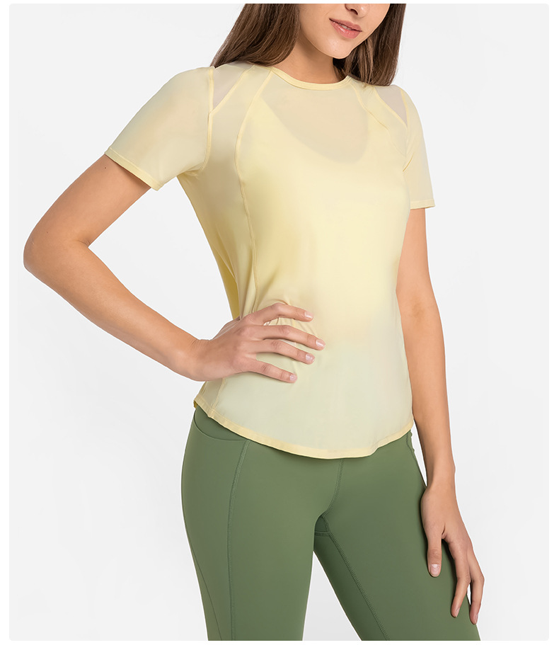 solid color back opening stitching mesh short-sleeved yoga T-shirt NSDQF127138