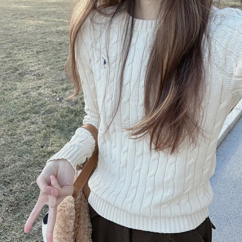 Rl Raff Autumn and Winter New Pony Logo Embroider Classic Round Neck Knitted Twist Sweater Women's Casual Long-Sleeved Top Rl Raff Autumn and Winter New Pony Logo Embroider Classic Round Neck Knitted Twist Sweater Women's Casual Long-Sleeved Top
