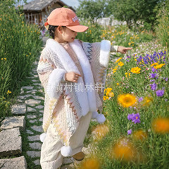 新しいエスニックスタイルの子供用毛皮の襟ショールカジュアルアウターウェア雲南新疆旅行の必需品女性用の暖かく厚みのあるマント