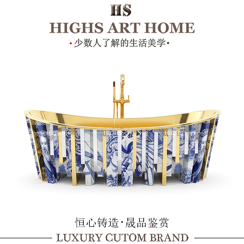 Portuguese Light Luxury Art Hand-Painted Ceramic Metal Bathtub Villa Bathroom Design High-End Independent Bathtub