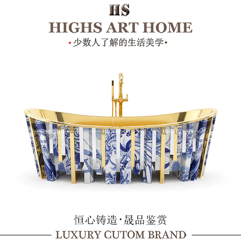 Portuguese Light Luxury Art Hand-Painted Ceramic Metal Bathtub Villa Bathroom Design High-End Independent Bathtub