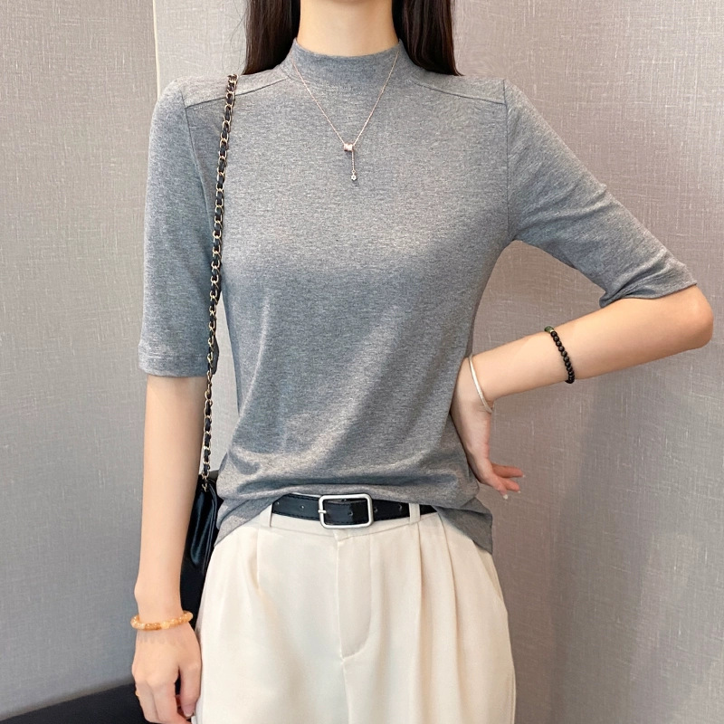 New Half-High Collar Fishbone Mid-Sleeve T-Shirt for Women, Spring and Autumn Slim Fit Versatile Three-Quarter Sleeve Slimming Base Shirt Top New Half-High Collar Fishbone Mid-Sleeve T-Shirt for Women, Spring and Autumn Slim Fit Versatile Three-Quarter Sleeve Slimming Base Shirt Top