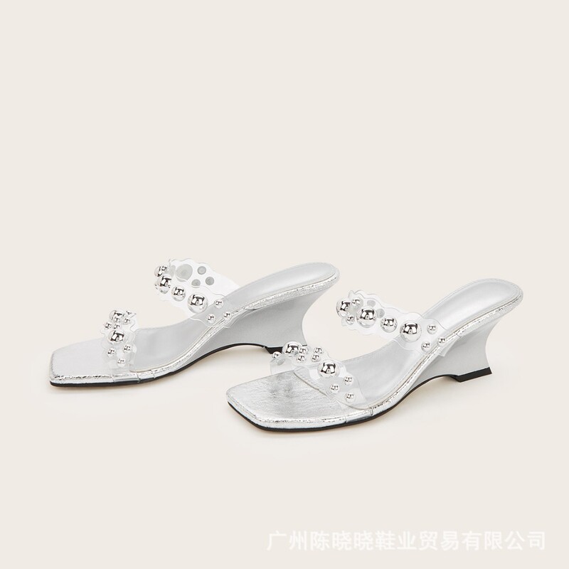 Silver Square-Toe Open-Toe Studded Transparent Pvc Backless Wedge High-Heeled Sandals Silver Square-Toe Open-Toe Studded Transparent Pvc Backless Wedge High-Heeled Sandals