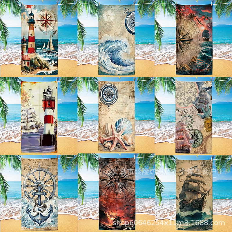 Factory Direct Supply of Retro Marine Microfiber Beach Towels, Custom Double-Sided Velvet Beach Towels, Water-Absorbent and Quick-Drying Bath Towels