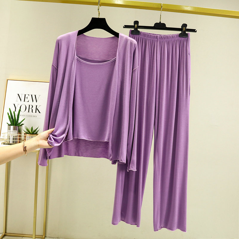 Primavera y verano pijamas rojos en línea pantalones modales de manga larga de tres piezas para mujer ropa para el hogar al aire libre casual se puede usar traje exterior