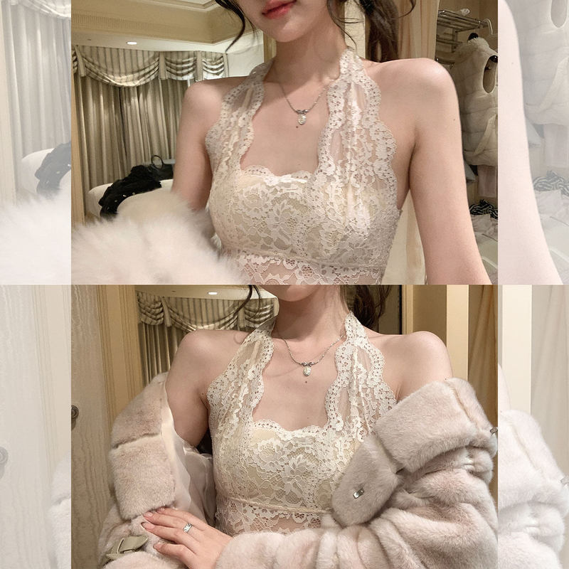 Lace Halter Neck Camisole with Built-In Bra and Chest Pads, Beautiful Back Design, Suitable for Layering under a Blazer Lace Halter Neck Camisole with Built-In Bra and Chest Pads, Beautiful Back Design, Suitable for Layering under a Blazer