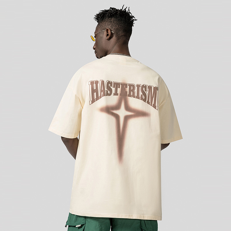 American High Street Fashion Brand T-shirt Men's Short Sleeve Star Print Loose Oversize Off Shoulder Cotton Round Neck_voghion.com