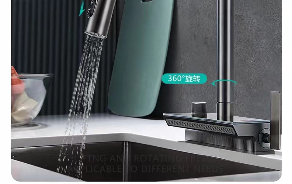 The kitchen is equipped with a universal all-copper digital display hot and cold sink faucet that can be pulled out like a flying rain waterfall undefined