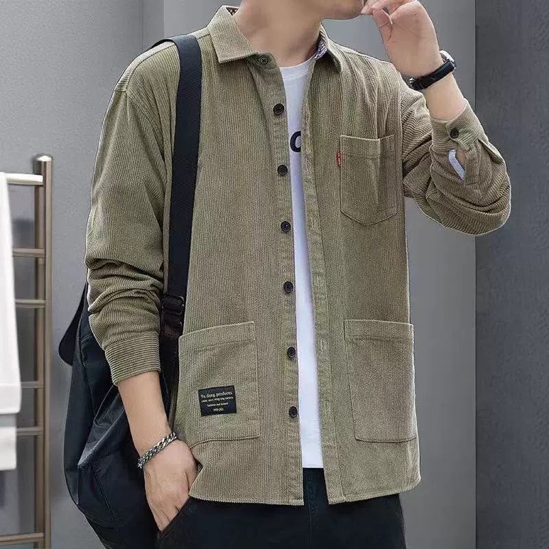 秋冬灯芯绒衬衫男士多口袋御寒保暖长袖外套休闲工装衬衣潮流宽松