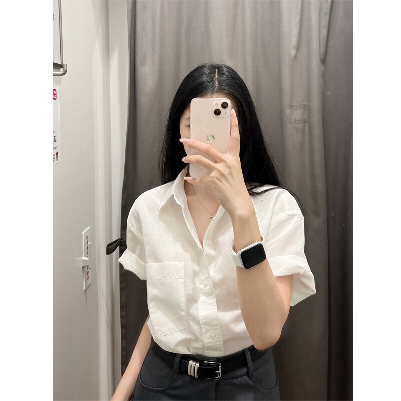 白色短袖衬衫女夏季小众设计高级感休闲百搭通勤衬衣宽松半袖上衣|undefined