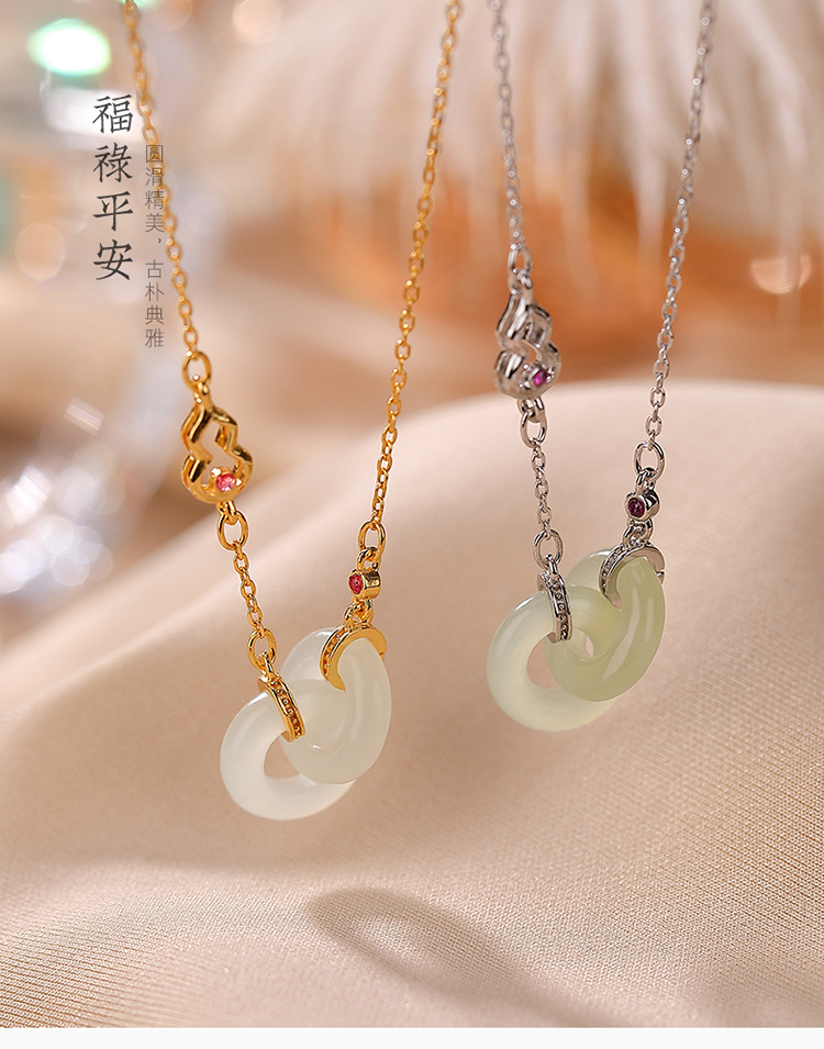 Mặt dây chuyền hồ lô bạc S925 mạ vàng đính ngọc bích xanh — Ngọc trắng mạ vàng (bao gồm chuỗi) chi tiết 1