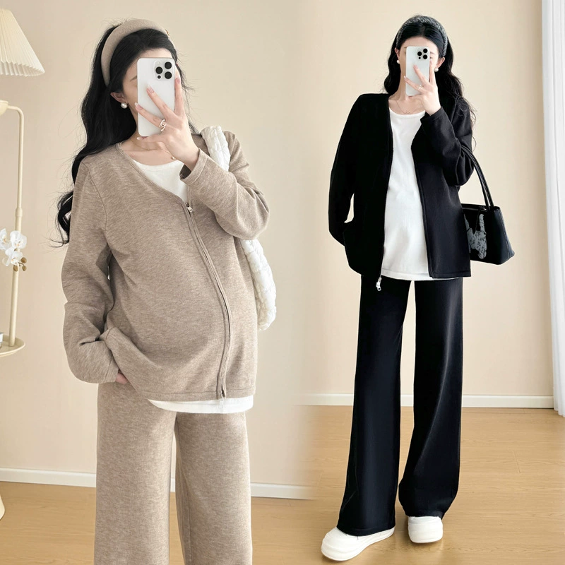 Пятно # беременные осенние костюмы 2024 новые повседневные беременные женщины минус возраст топ широкие брюки весна и осень