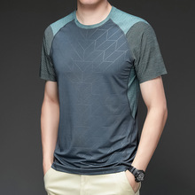 夏季男士圆领短袖t恤新款韩版拼接拼色冰丝袖男宽松薄款运动男T恤